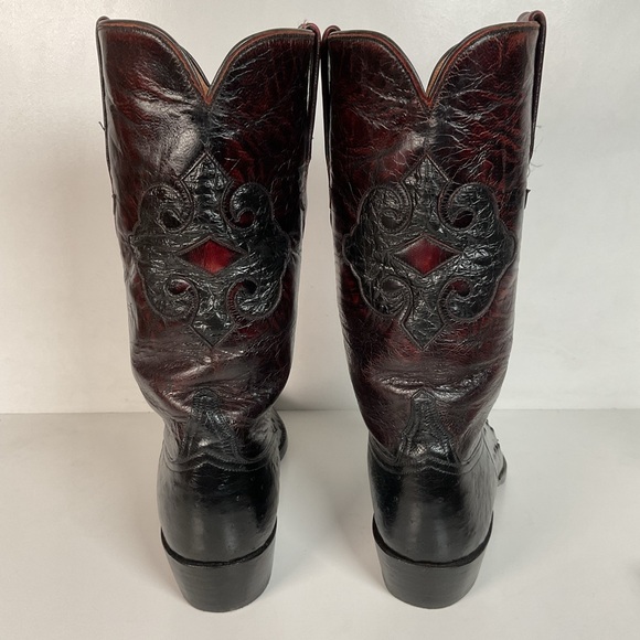 Vintage Lucchese Black Cherry Ostrich Quill Cowboy Boots 10 B Inlay New Soles - Picture 15 of 16